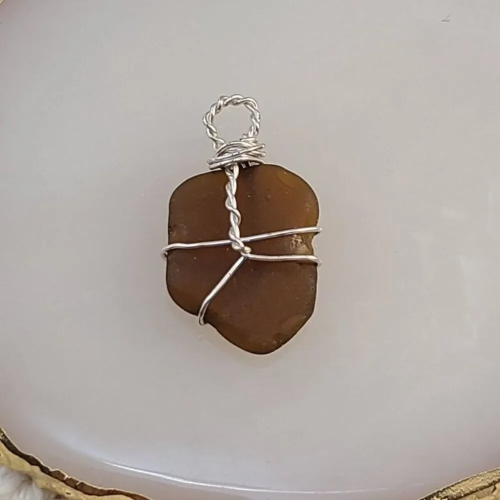 Handcrafted Silver Tone Wire Wrapped Brown Sea Glass Pendant Beach Necklace